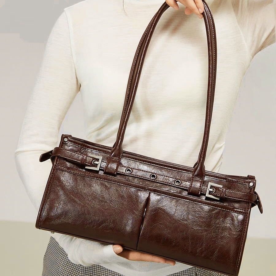 Throttle - themed Metallic - edged Brown Moto - style Handbag