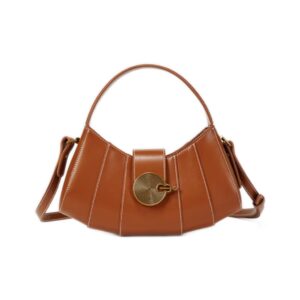Vintage - inspired Rustic Caramel Leather Crescent Handbag with Ornate Golden Swirl Lock