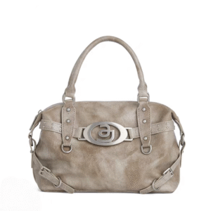 Wasteland Radiance: Distressed Metallic Leather Handbag with Apocalyptic - inspired Studs and Badge