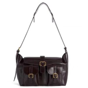 Opulent Reverie: Sumptuous Dark - toned Leather Shoulder Bag with Gleaming Gold Fasteners